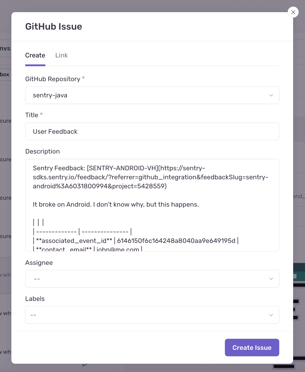 User Feedback Linked Issue Modal.